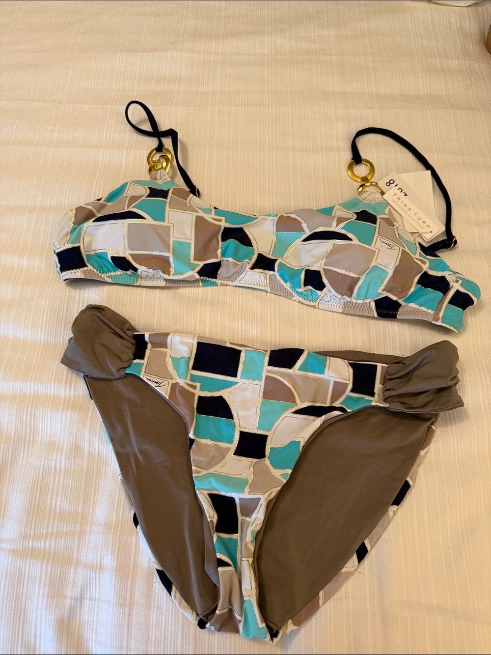 Trina Turk Girls' Two-Piece Bikini in Teal, Taupe, Navy & White